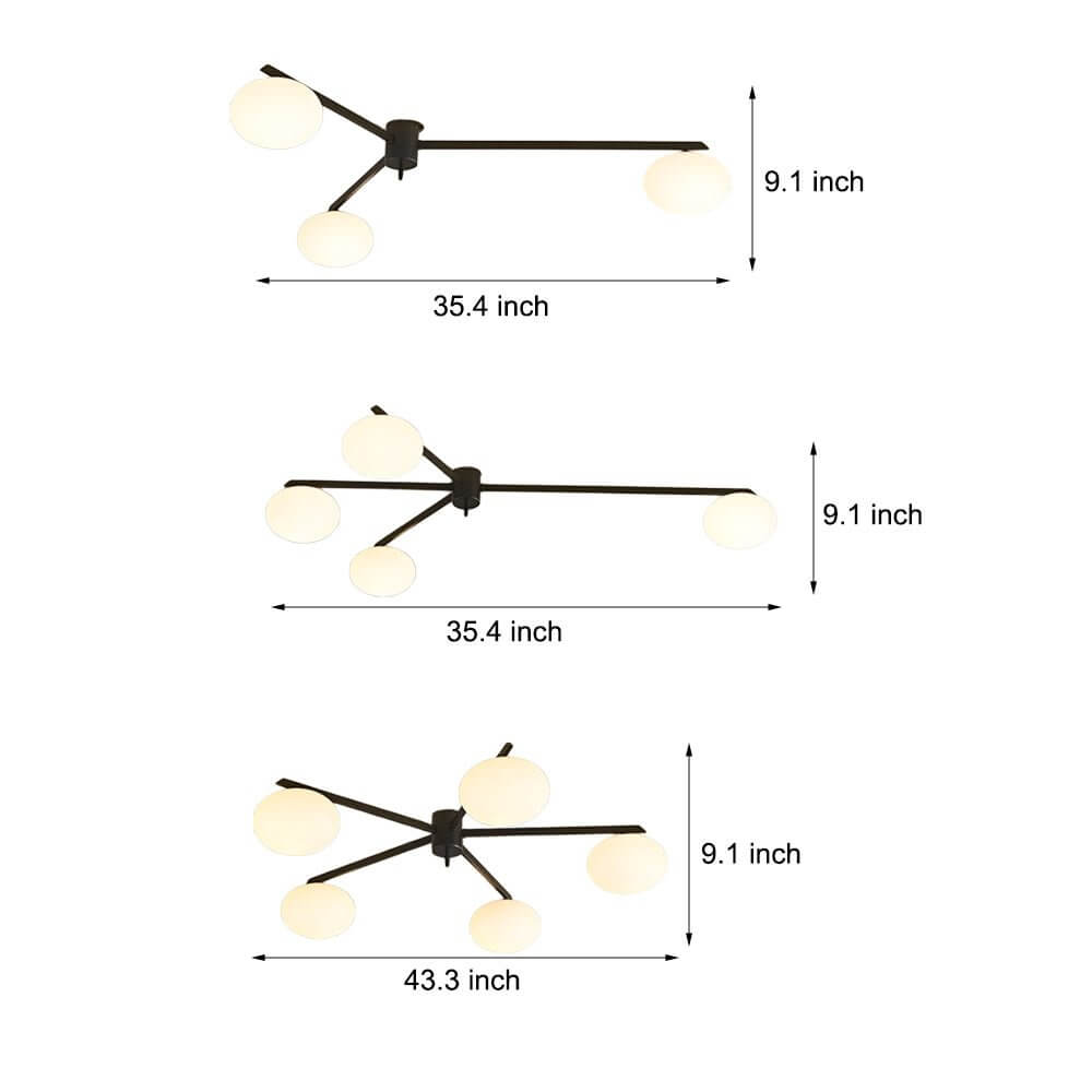 black semi flush ceiling light with white glass bubble