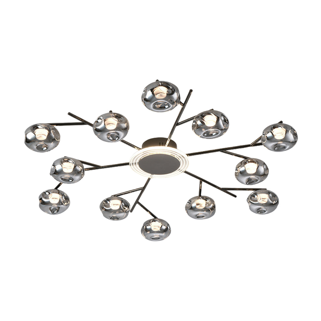 Branching Round Semi-Flush Mount — Wrought Iron and Glass, 8-Light 63W or 12-Light 91W, Three-Color Dimming, Ra≥97