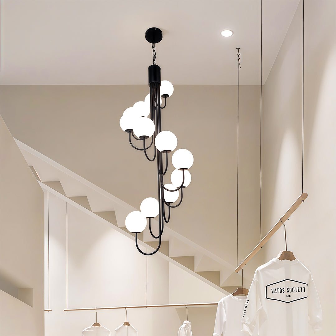 Spiral Globe Chandelier — Wrought Iron and Glass, 8- or 12-Light, Gold or Black, 3-Step Dimming, E14