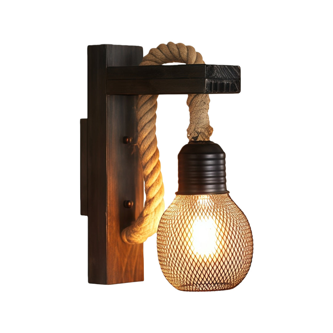 Rustic Iron Mesh Wall Sconce — Jute Rope and Wood Accents, 4W LED E27, Hardwired, Warm White 3000K