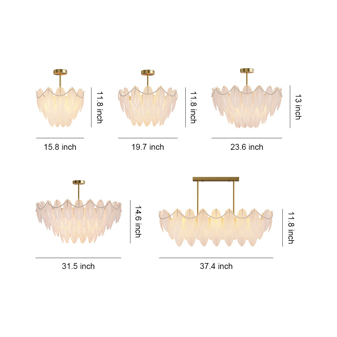 Feather & Pearl Chandelier — Full-Copper Frame, Feather-Textured Glass, E14, 47.2" Adjustable Chain