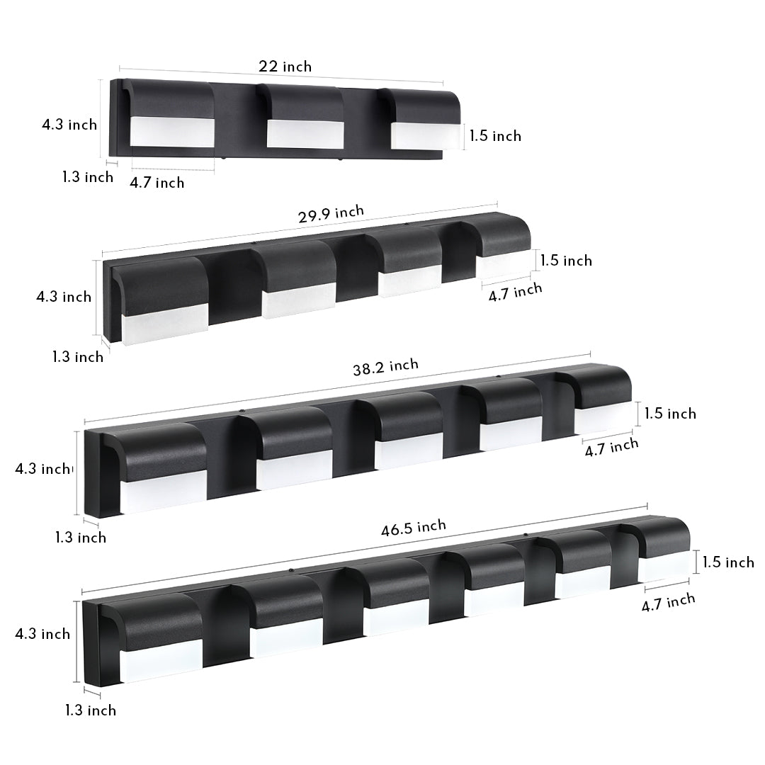 Modern Bathroom Vanity Light — Black Iron, White Acrylic, Integrated LED 6000K, 3- to 6-Light