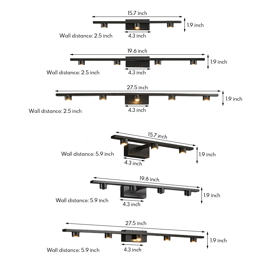 Minimalist Black LED Vanity Light Bar — Copper-Aluminum, Glass Mirror Surface, 3000K, 9W–15W, 40cm–70cm