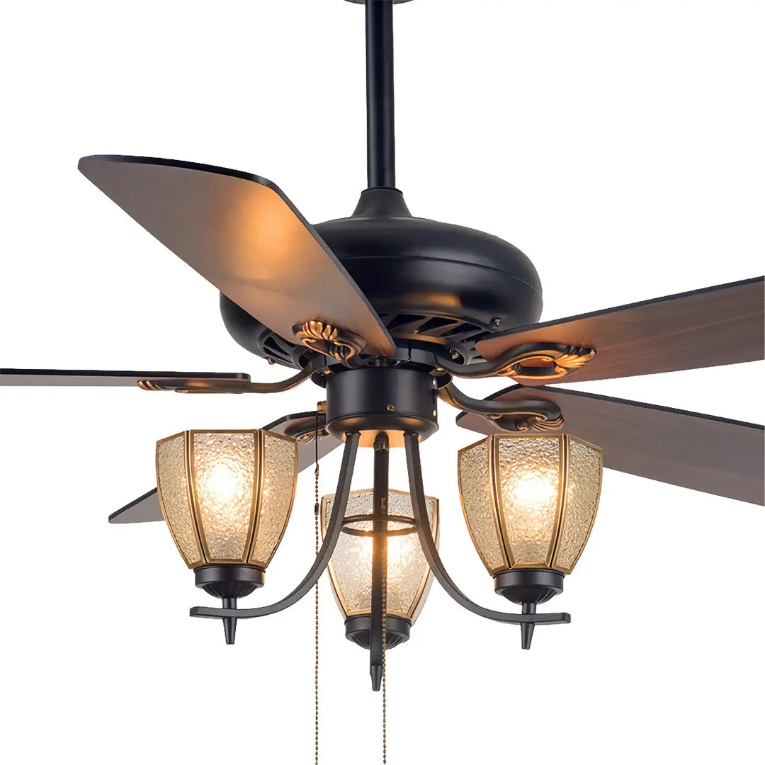 Vintage-Inspired Ceiling Fan with Lights - Dark Wood Grain Lamp Luxe