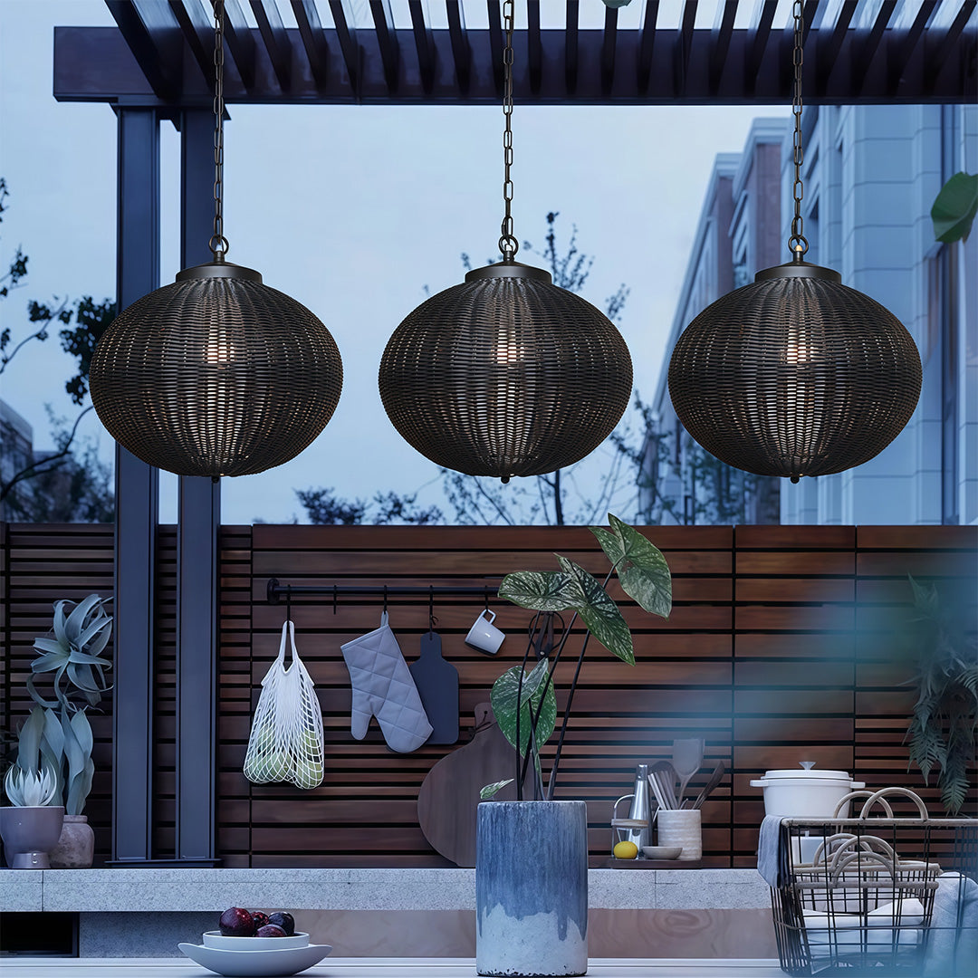 Woven Rattan Outdoor Pendant Light — Black Iron, LED, 7W, 47.2" Adjustable Chain, 3 Sizes