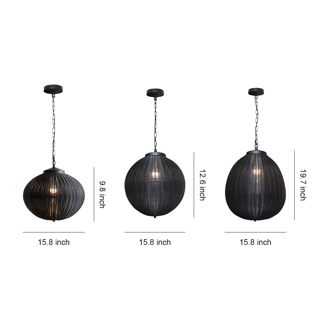 Woven Rattan Outdoor Pendant Light — Black Iron, LED, 7W, 47.2" Adjustable Chain, 3 Sizes