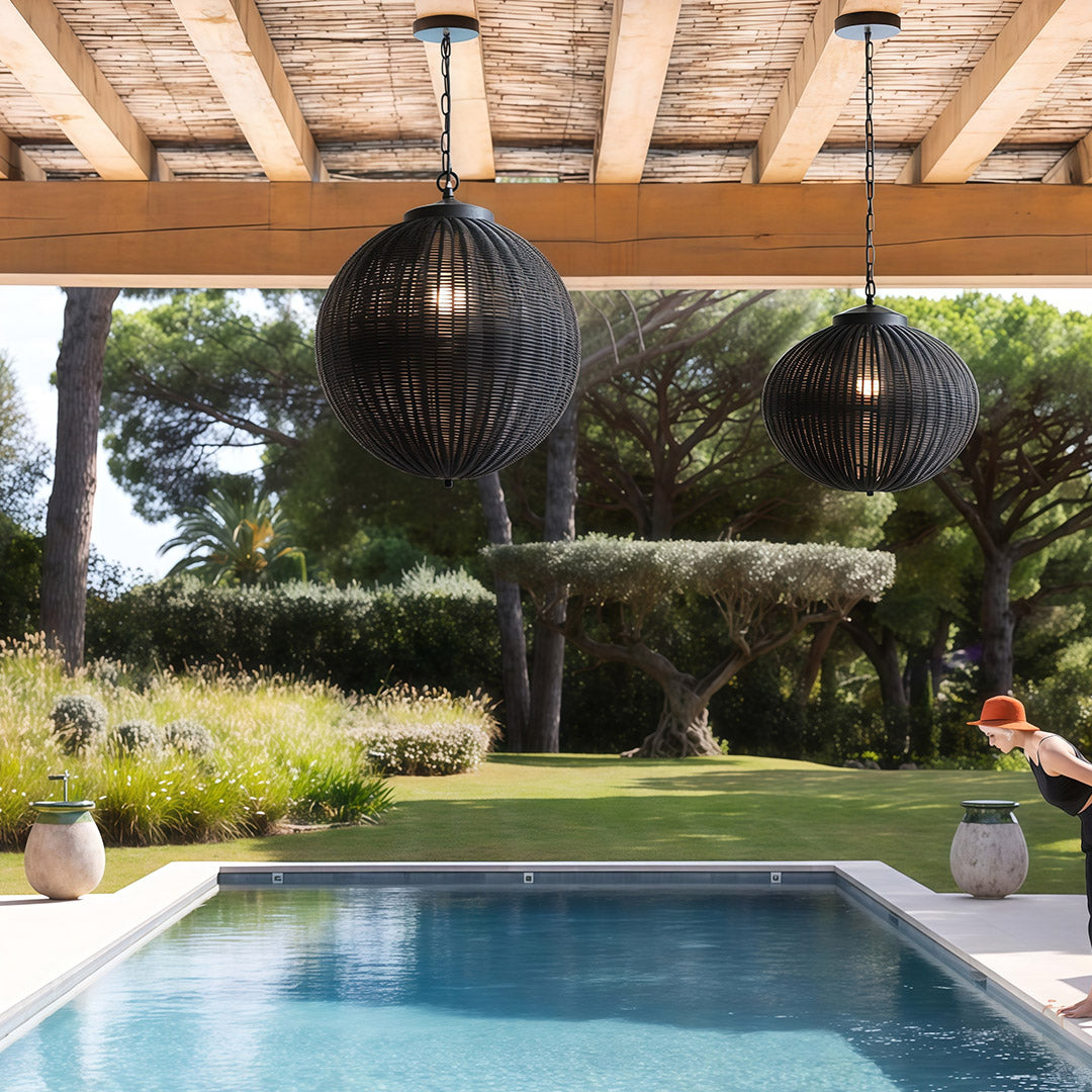 Woven Rattan Outdoor Pendant Light — Black Iron, LED, 7W, 47.2" Adjustable Chain, 3 Sizes