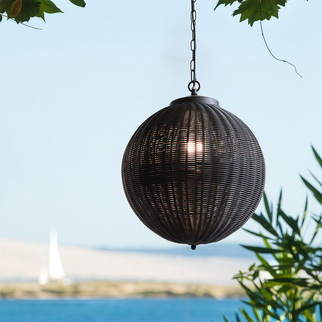 Woven Rattan Outdoor Pendant Light — Black Iron, LED, 7W, 47.2" Adjustable Chain, 3 Sizes
