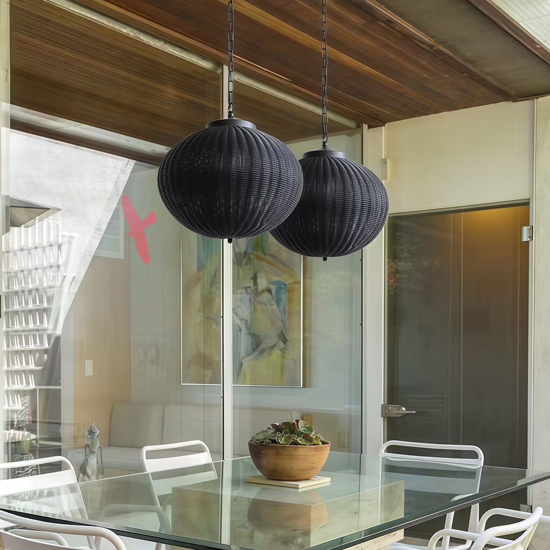 Woven Rattan Outdoor Pendant Light — Black Iron, LED, 7W, 47.2" Adjustable Chain, 3 Sizes