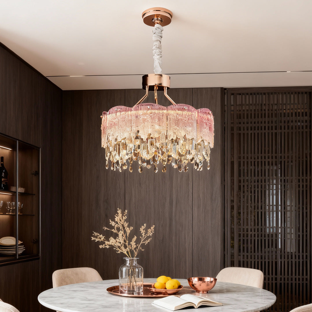 French Luxury Crystal Chandelier — Champagne Gold, Glass Fringe, 3-Step Dimming, Adjustable Cord, Six Models