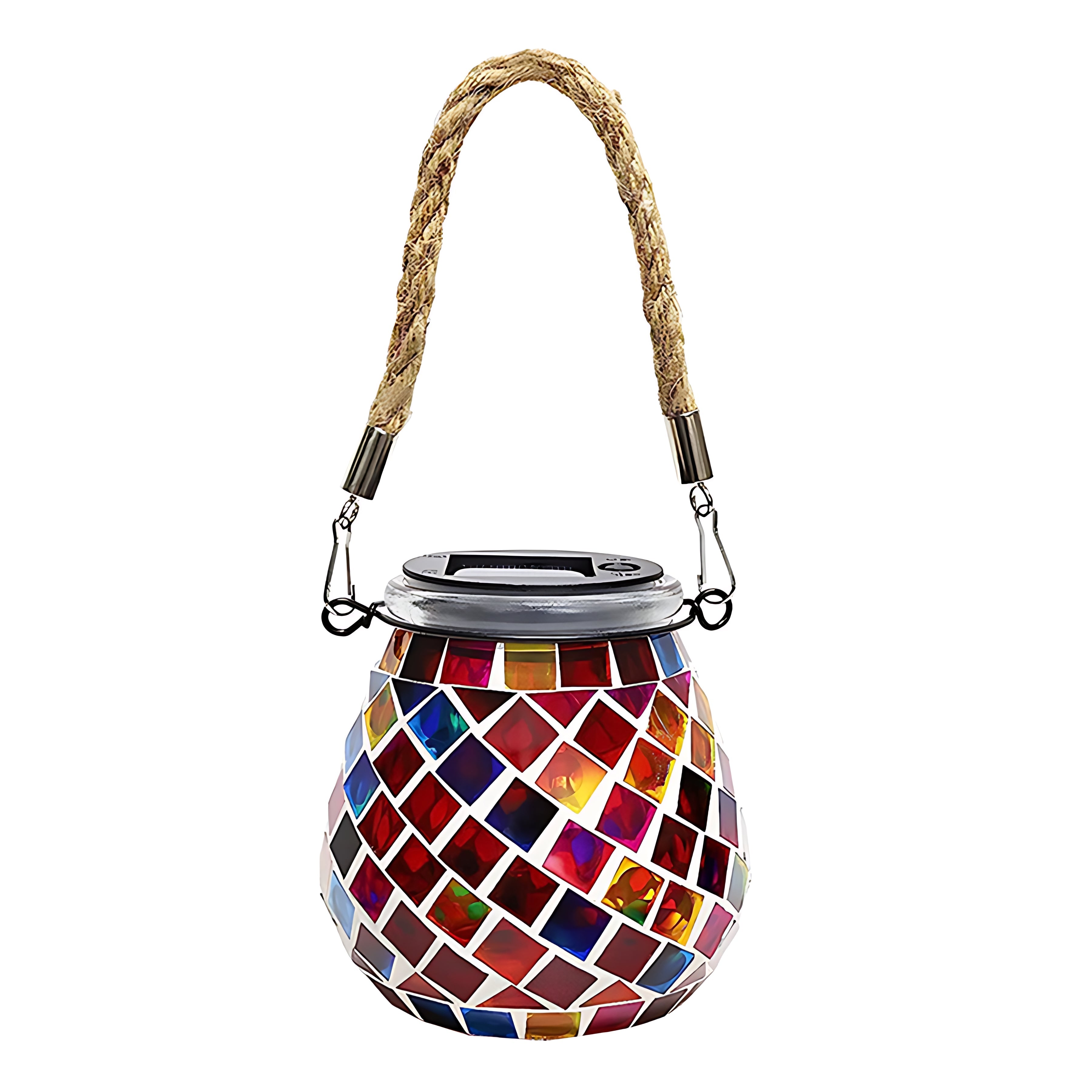 Stained Glass Mosaic Solar Lantern — Handcrafted, LED, IP65 Weatherproof, Dusk-to-Dawn, Hanging or Tabletop