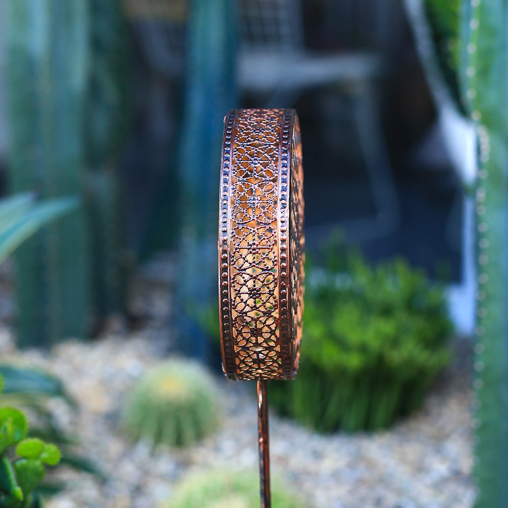 Bohemian Hollow Drum Solar Garden Stake Light — Metal, Floral-Carved, LED Warm White, IP44