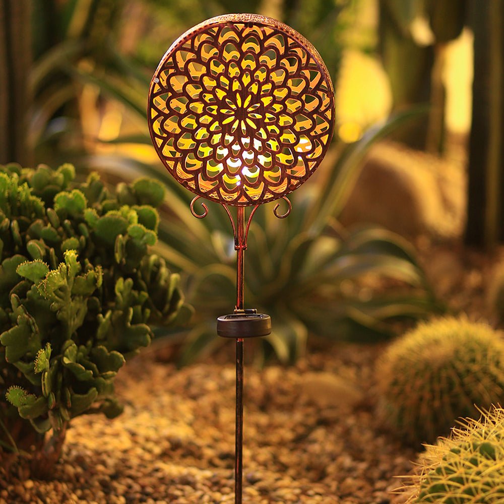 Bohemian Hollow Drum Solar Garden Stake Light — Metal, Floral-Carved, LED Warm White, IP44