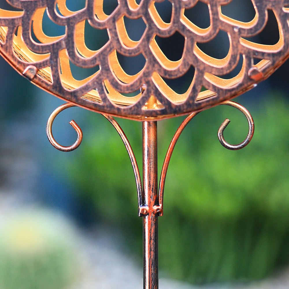 Bohemian Hollow Drum Solar Garden Stake Light — Metal, Floral-Carved, LED Warm White, IP44