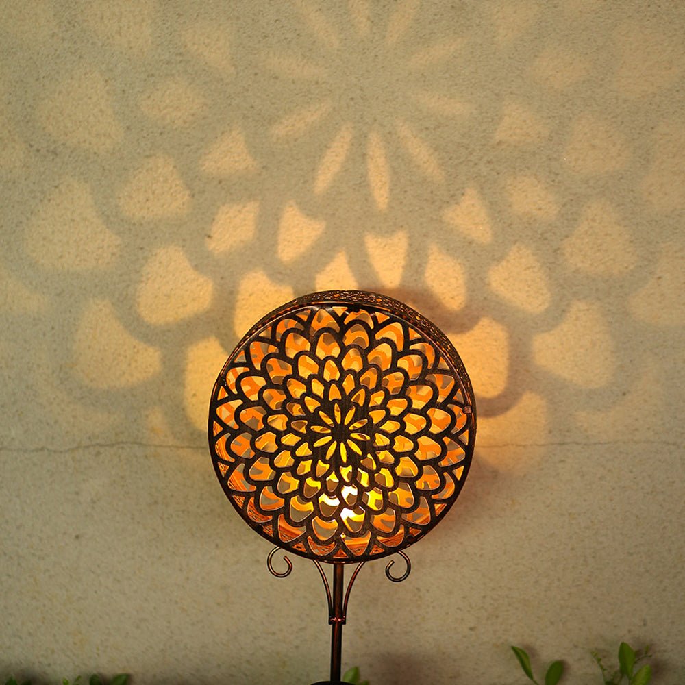 Bohemian Hollow Drum Solar Garden Stake Light — Metal, Floral-Carved, LED Warm White, IP44