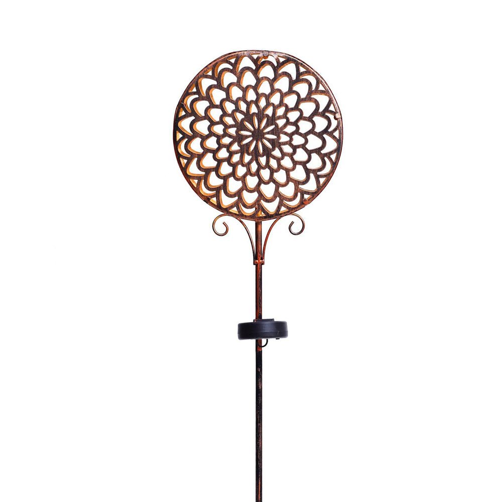 Bohemian Hollow Drum Solar Garden Stake Light — Metal, Floral-Carved, LED Warm White, IP44