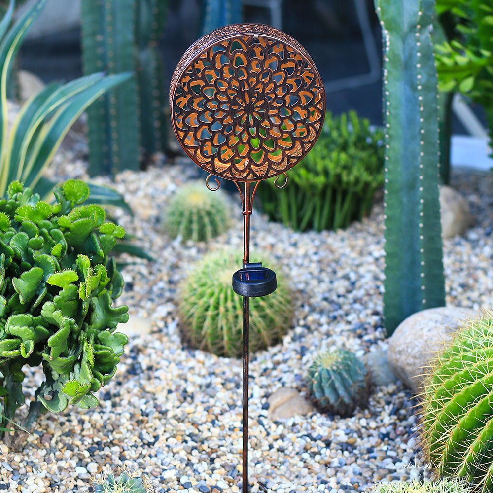 Bohemian Hollow Drum Solar Garden Stake Light — Metal, Floral-Carved, LED Warm White, IP44