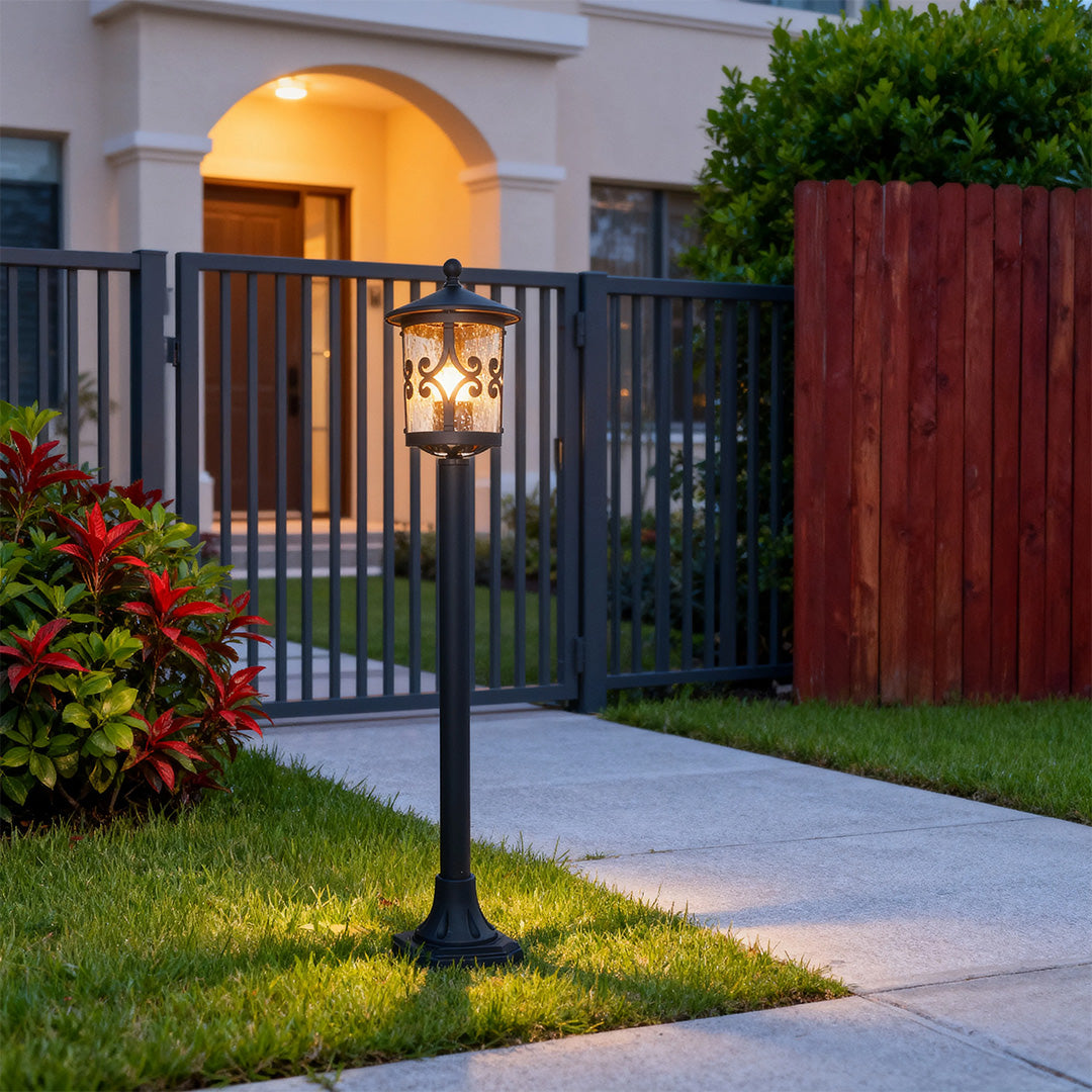 Bollard Outdoor Post Light — Sand-Black Aluminum, E26 9W LED, IP44 Weatherproof
