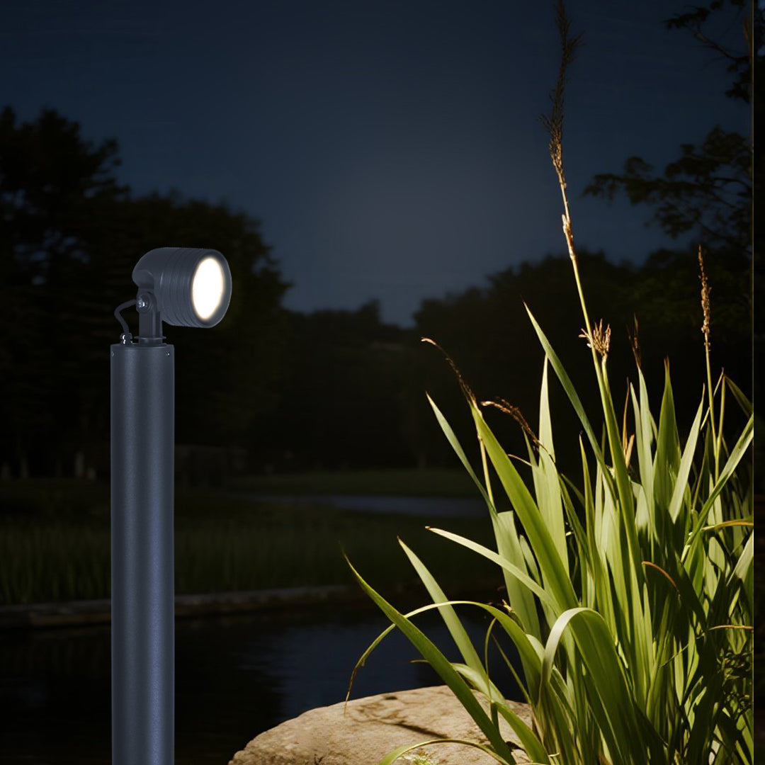 Minimalist LED Garden Spotlight — Die-Cast Aluminum, Sand Gray, OSRAM 6W or CREE 12W, 3000K, IP65, 39" Hardwired Ground Mount