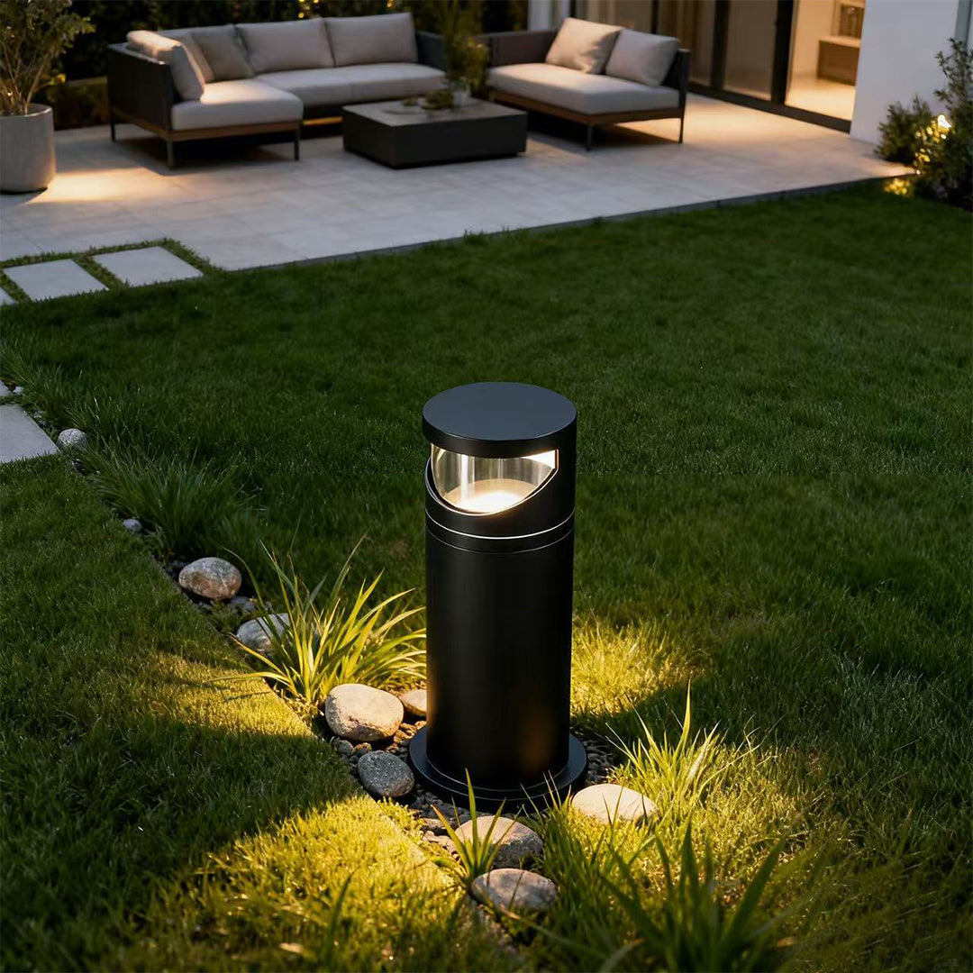 Cylindrical Outdoor Bollard Pathway Light — Black Metal, Clear Glass, LED, 10W / 20W Dual-Head, IP65, 3000K Warm White