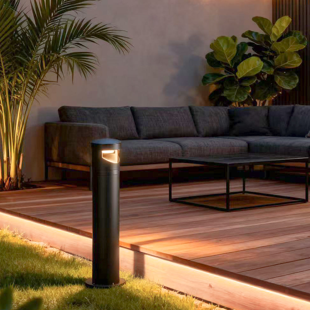 Cylindrical Outdoor Bollard Pathway Light — Black Metal, Clear Glass, LED, 10W / 20W Dual-Head, IP65, 3000K Warm White