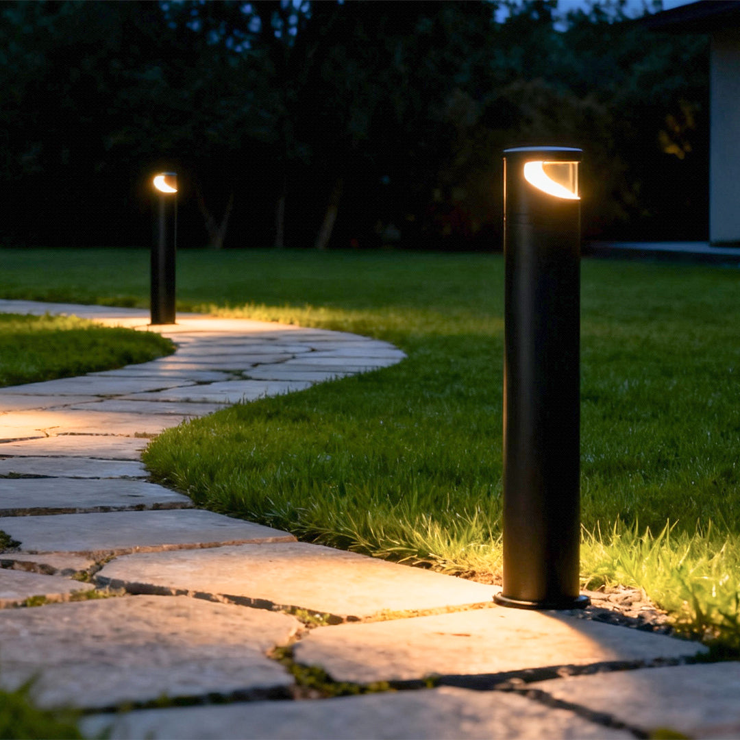 Cylindrical Outdoor Bollard Pathway Light — Black Metal, Clear Glass, LED, 10W / 20W Dual-Head, IP65, 3000K Warm White