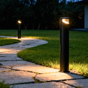 Cylindrical Outdoor Bollard Pathway Light — Black Metal, Clear Glass, LED, 10W / 20W Dual-Head, IP65, 3000K Warm White