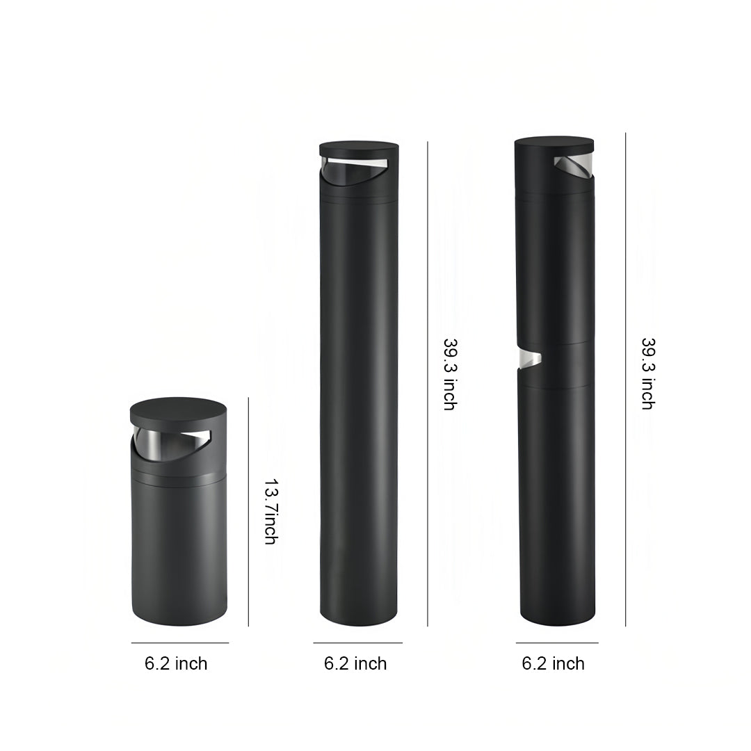 Cylindrical Outdoor Bollard Pathway Light — Black Metal, Clear Glass, LED, 10W / 20W Dual-Head, IP65, 3000K Warm White