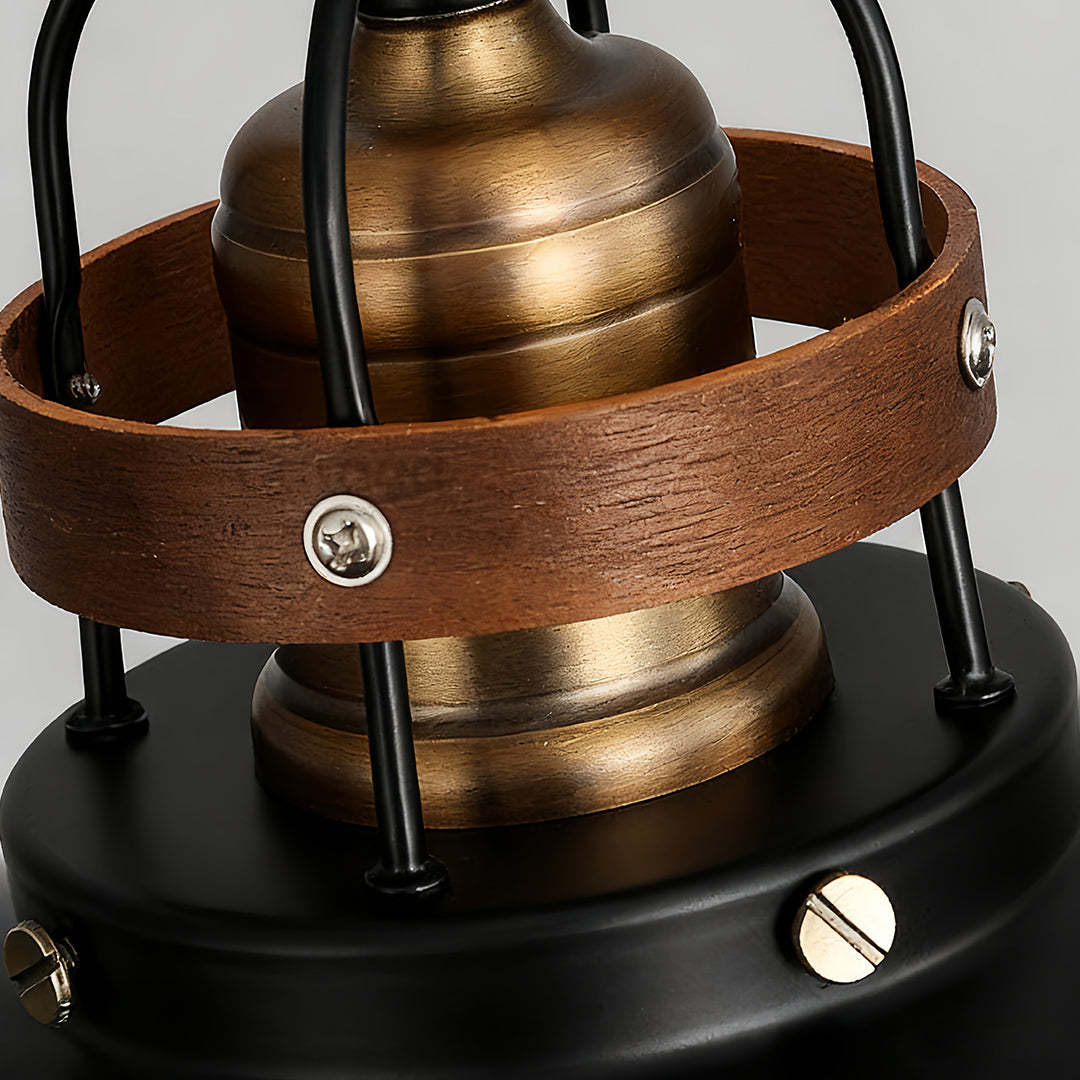 Industrial Vintage Mini Pendant — Black Iron and Walnut Wood, E27, Adjustable 1.8m Chain