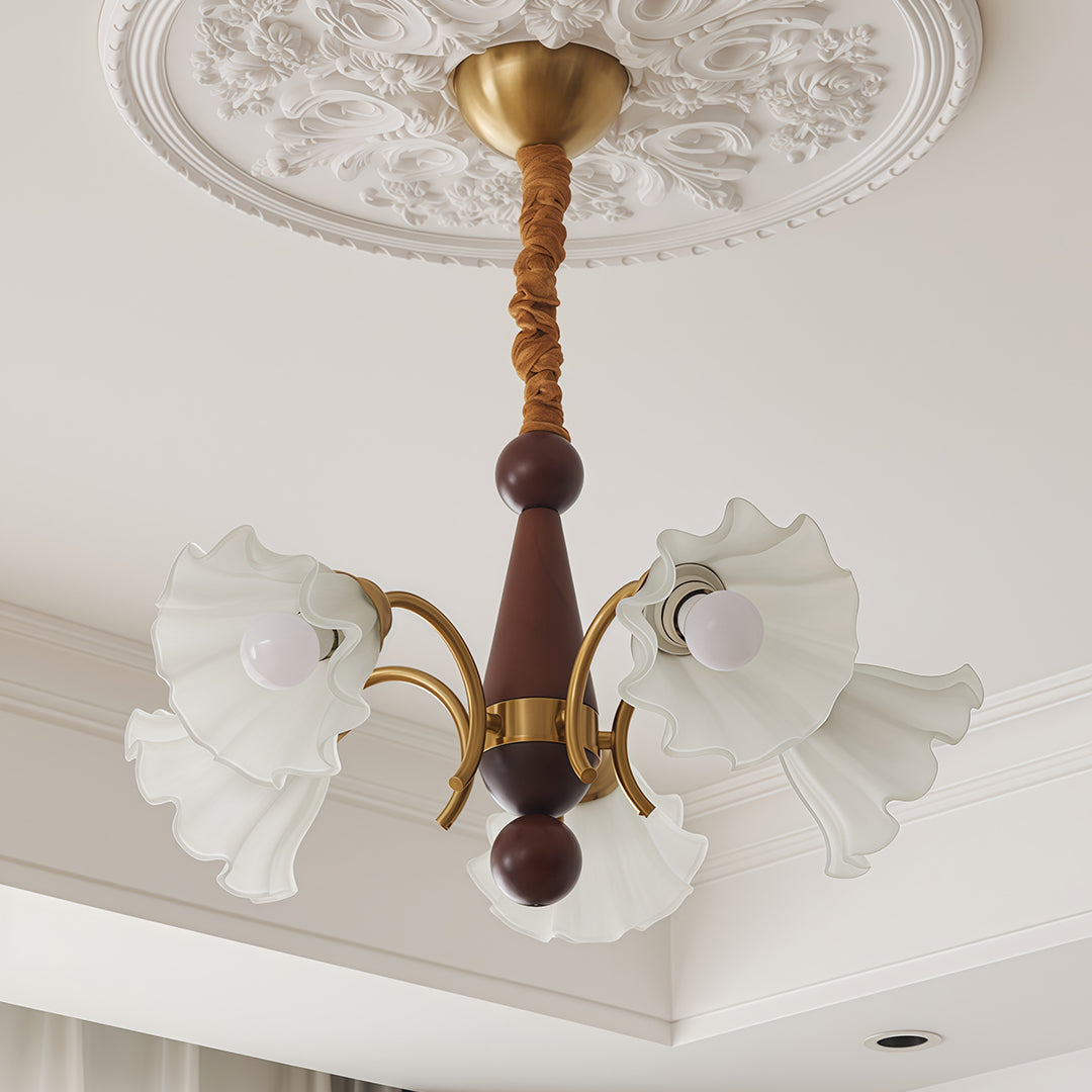 Lily-of-the-Valley Flower Glass Chandelier — Gold & Walnut Iron Frame, 3-Step Dimming, 3/5/8-Light