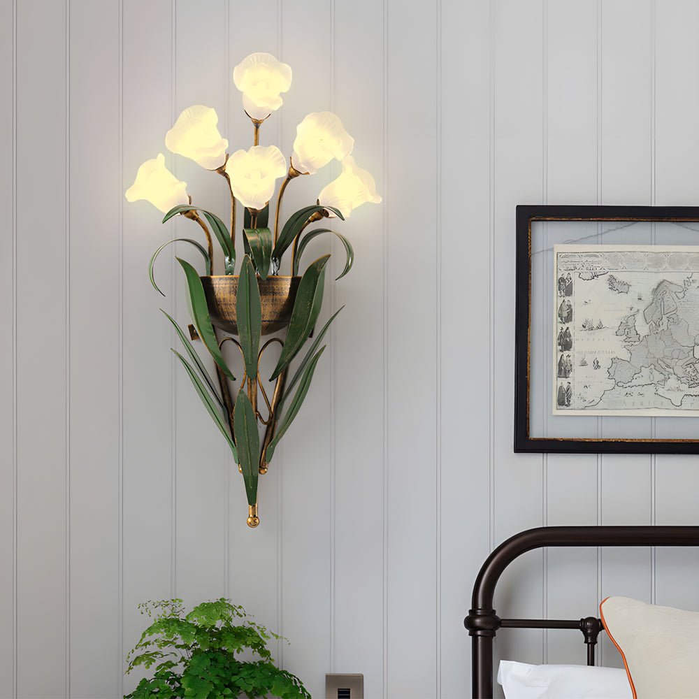 Bouquet Floral Wall Sconce — Glass Flowers and Iron Leaves, G4 Warm Light, 6-Light or 10-Light