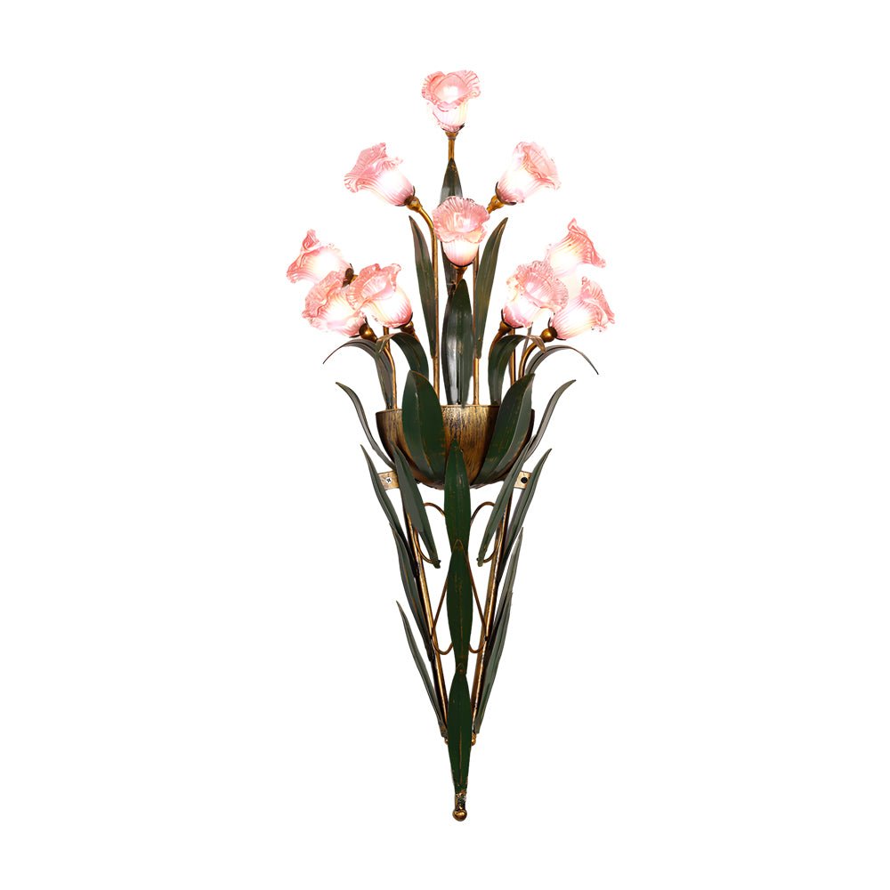Bouquet Floral Wall Sconce — Glass Flowers and Iron Leaves, G4 Warm Light, 6-Light or 10-Light