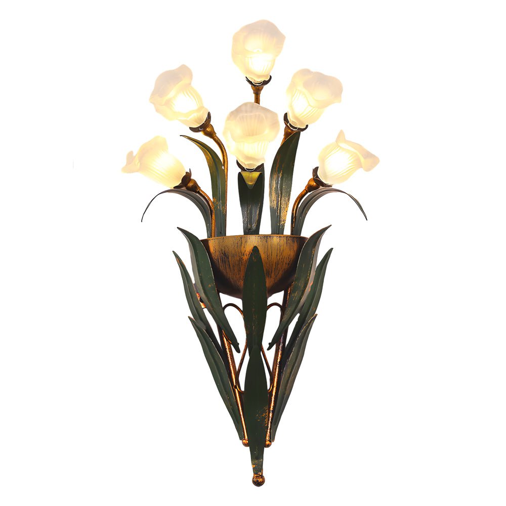Bouquet Floral Wall Sconce — Glass Flowers and Iron Leaves, G4 Warm Light, 6-Light or 10-Light