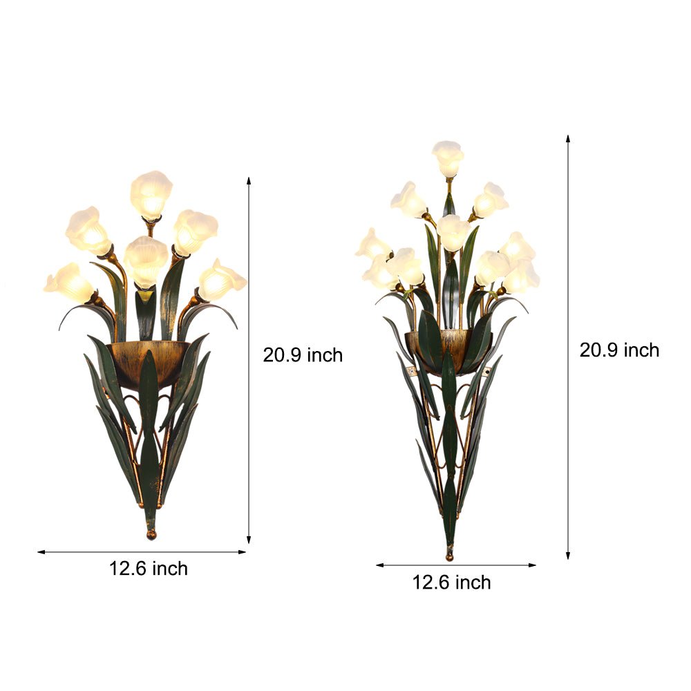 Bouquet Floral Wall Sconce — Glass Flowers and Iron Leaves, G4 Warm Light, 6-Light or 10-Light