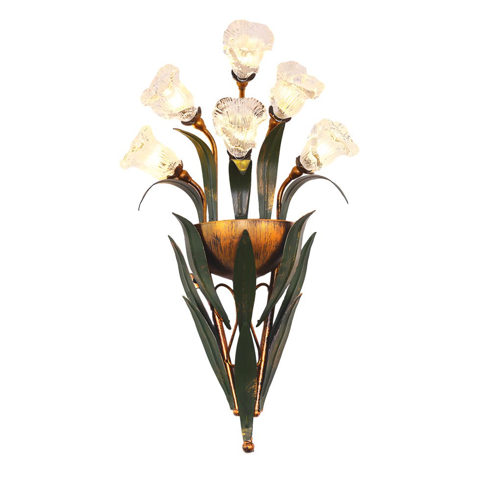 Bouquet Floral Wall Sconce — Glass Flowers and Iron Leaves, G4 Warm Light, 6-Light or 10-Light