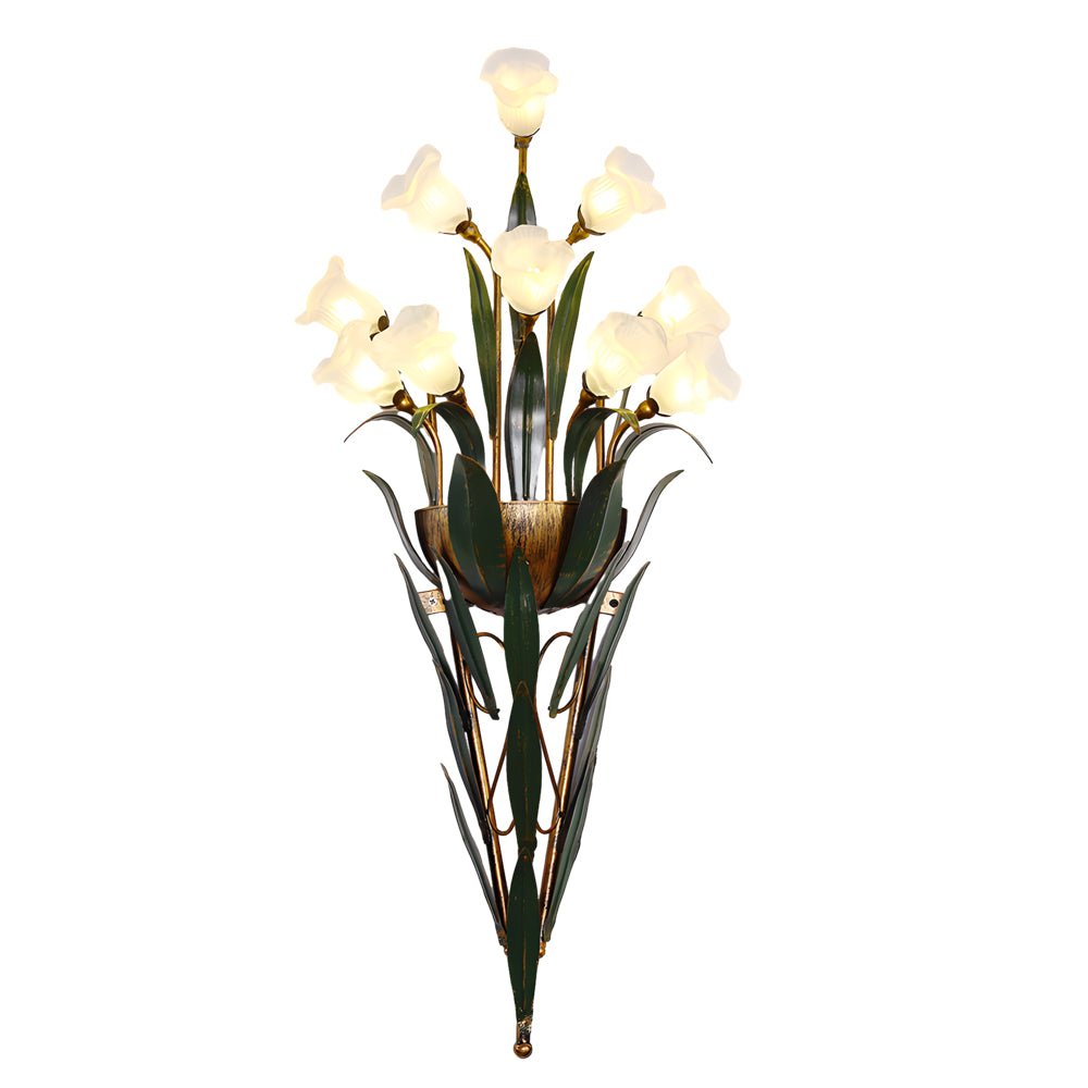 Bouquet Floral Wall Sconce — Glass Flowers and Iron Leaves, G4 Warm Light, 6-Light or 10-Light