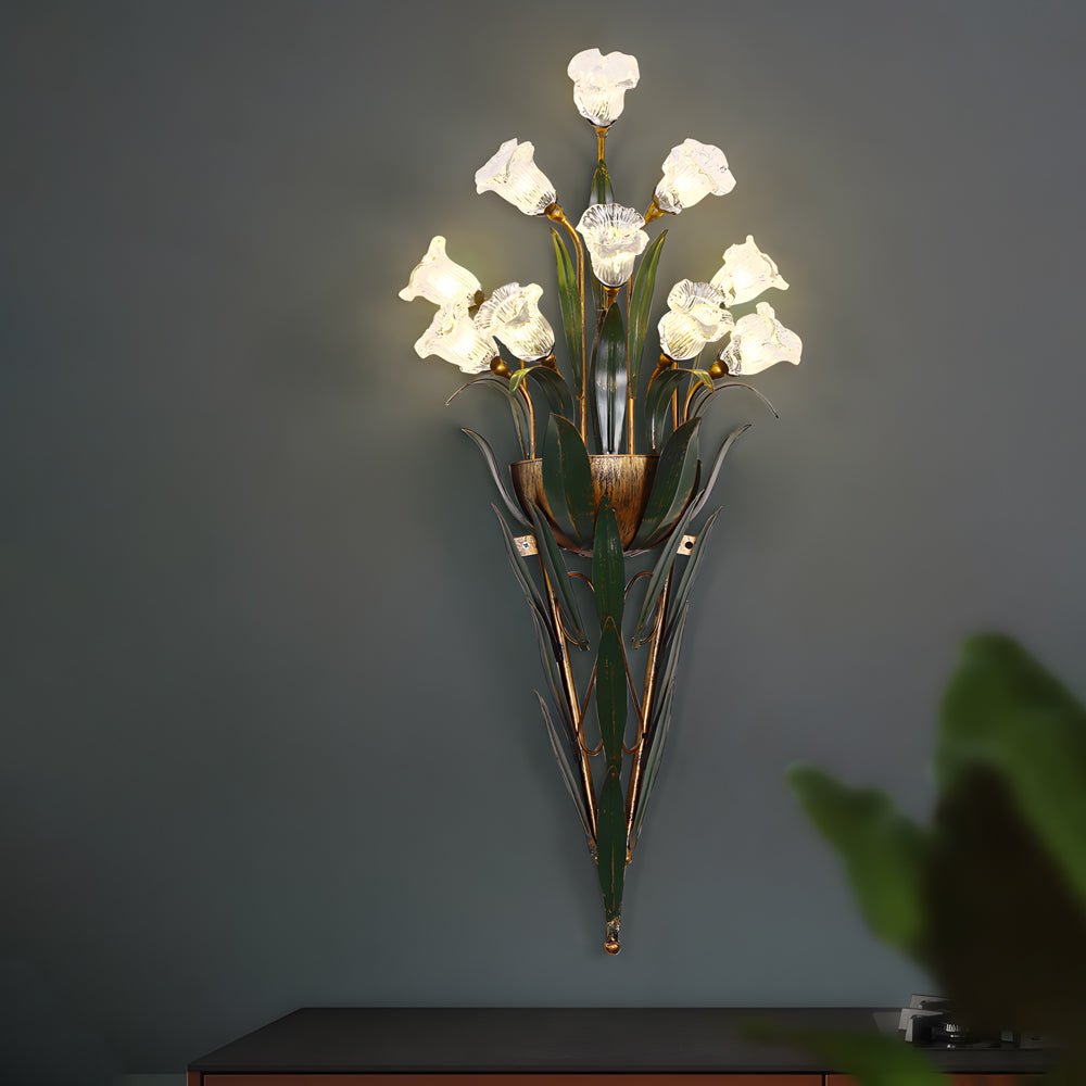 Bouquet Floral Wall Sconce — Glass Flowers and Iron Leaves, G4 Warm Light, 6-Light or 10-Light