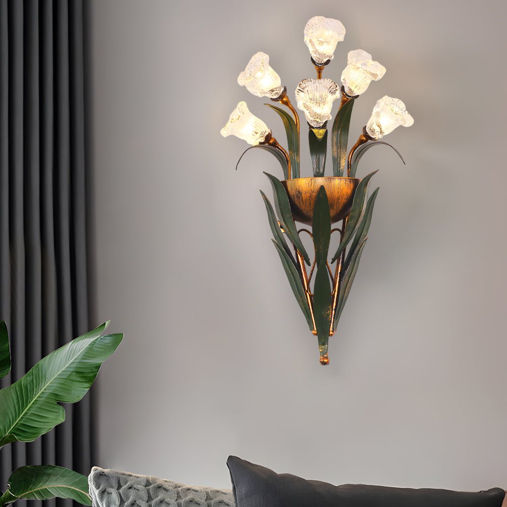 Bouquet Floral Wall Sconce — Glass Flowers and Iron Leaves, G4 Warm Light, 6-Light or 10-Light