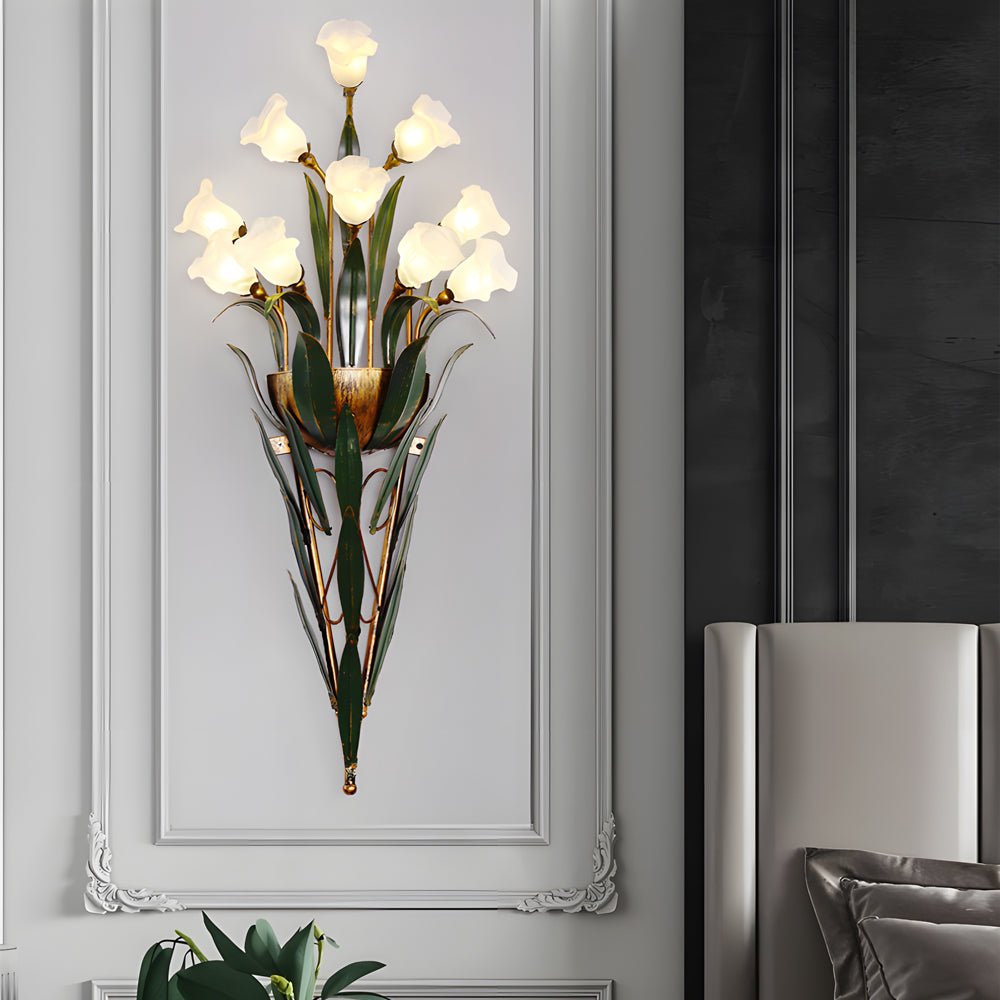 Bouquet Floral Wall Sconce — Glass Flowers and Iron Leaves, G4 Warm Light, 6-Light or 10-Light