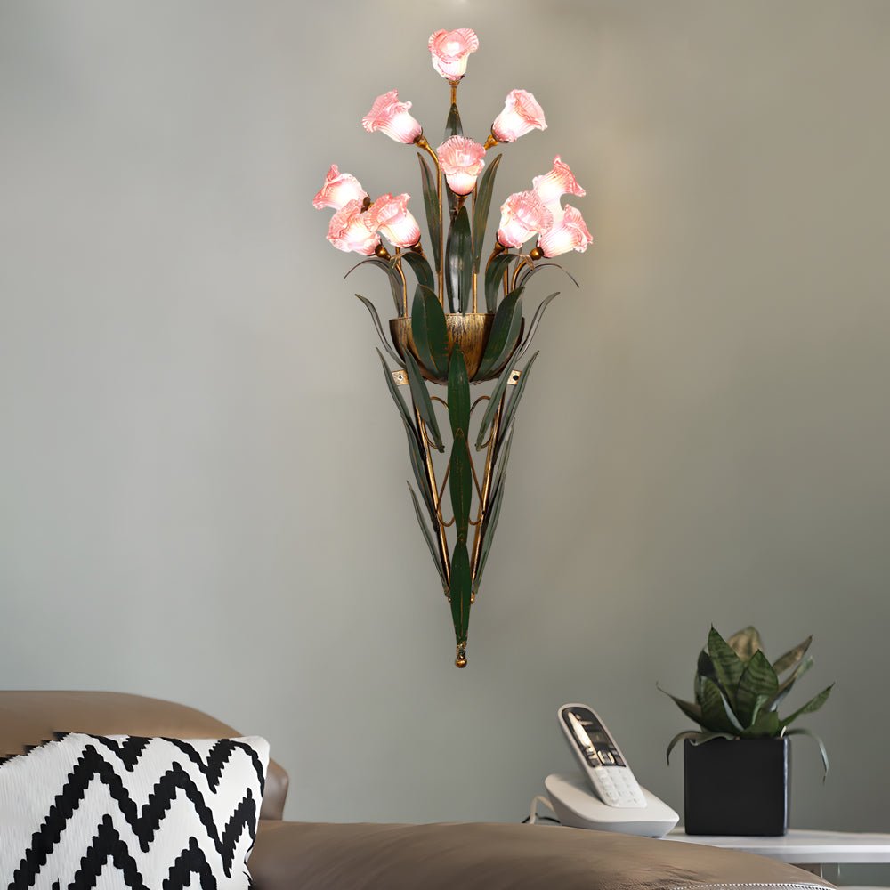 Bouquet Floral Wall Sconce — Glass Flowers and Iron Leaves, G4 Warm Light, 6-Light or 10-Light