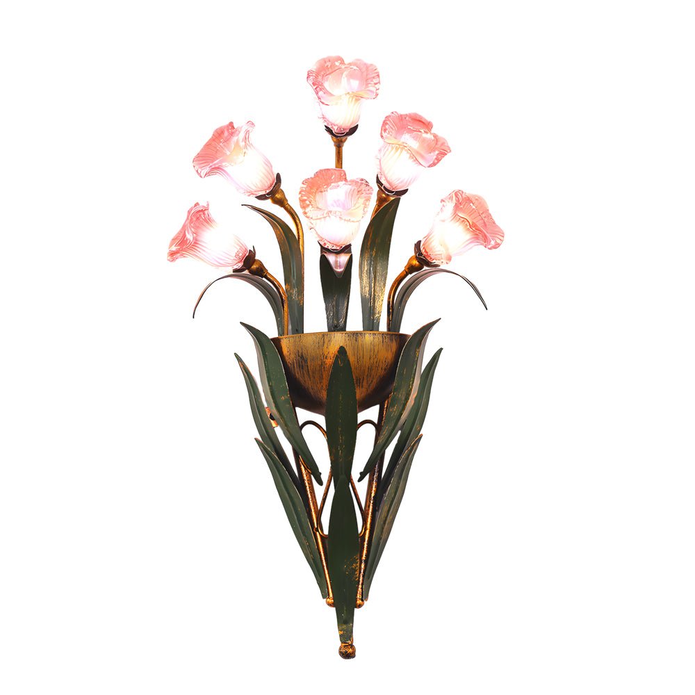 Bouquet Floral Wall Sconce — Glass Flowers and Iron Leaves, G4 Warm Light, 6-Light or 10-Light