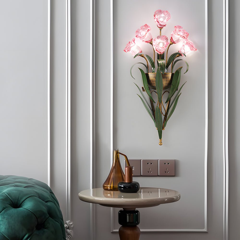 Bouquet Floral Wall Sconce — Glass Flowers and Iron Leaves, G4 Warm Light, 6-Light or 10-Light