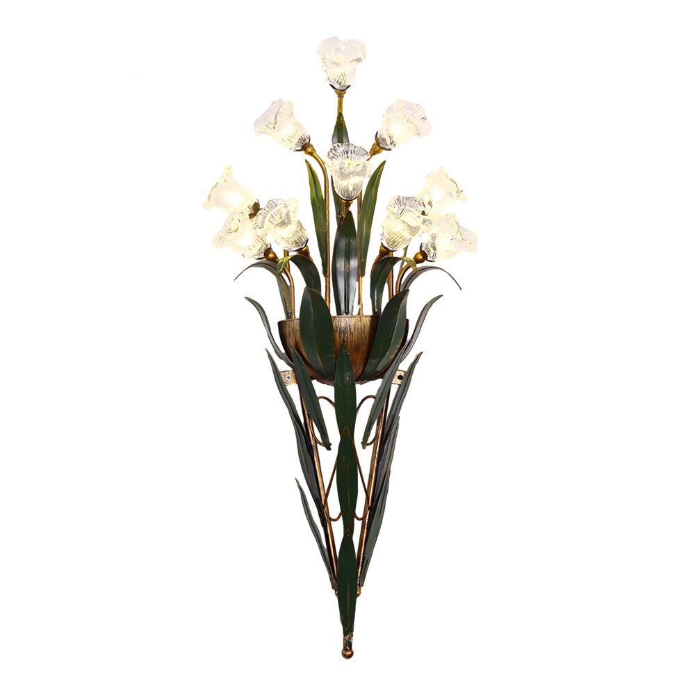 Bouquet Floral Wall Sconce — Glass Flowers and Iron Leaves, G4 Warm Light, 6-Light or 10-Light
