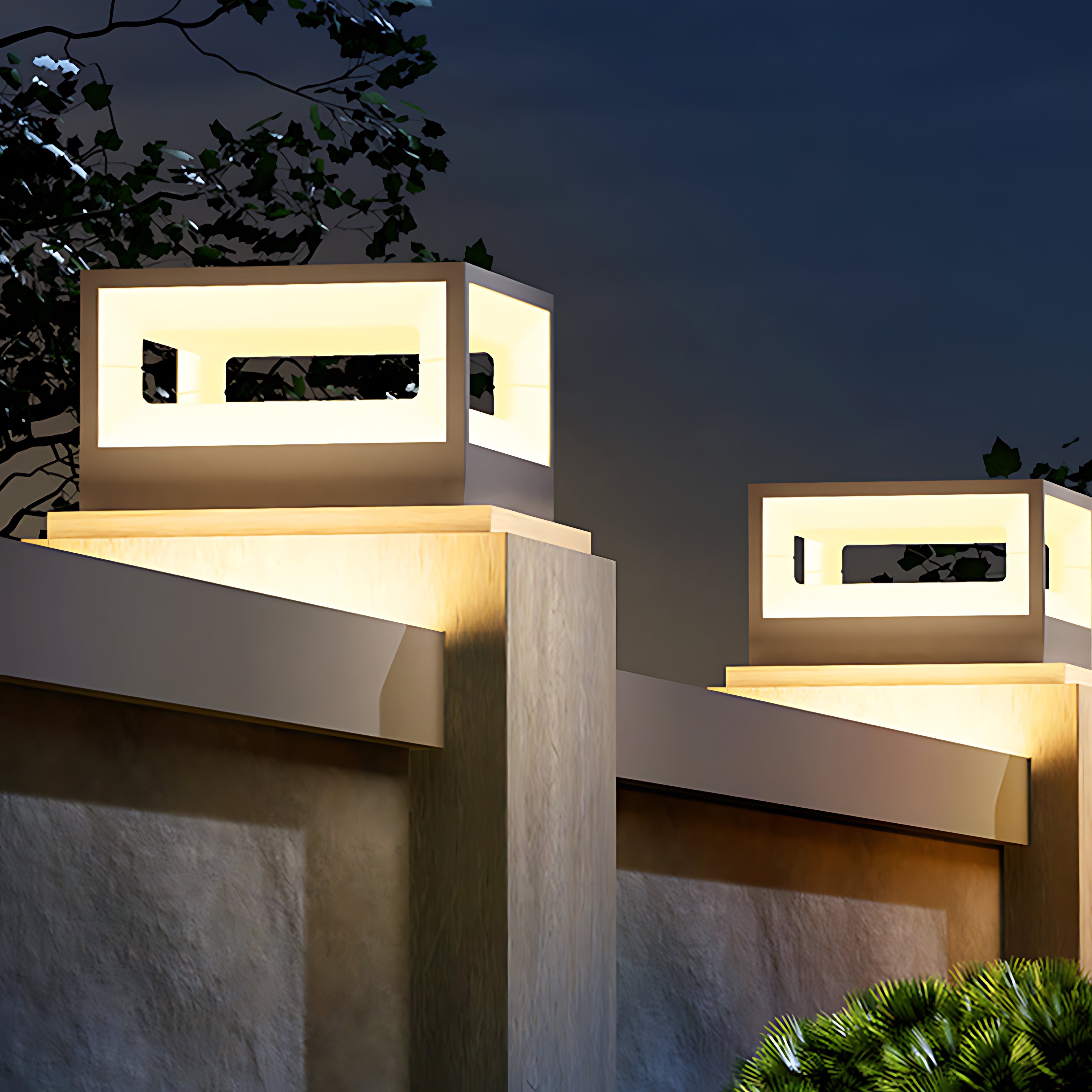 Hollow Square Outdoor Pillar Light — Stainless Steel, LED 3000K, Solar / Hardwired, IP65 Weatherproof