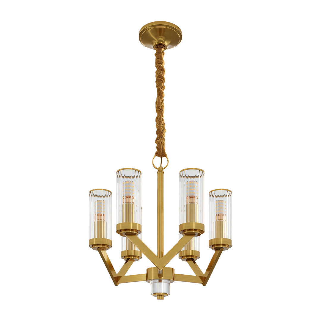Glass Drop Chandelier — Full-Brass Frame, Transparent Glass, E14, Available in Copper, Nickel, or Black