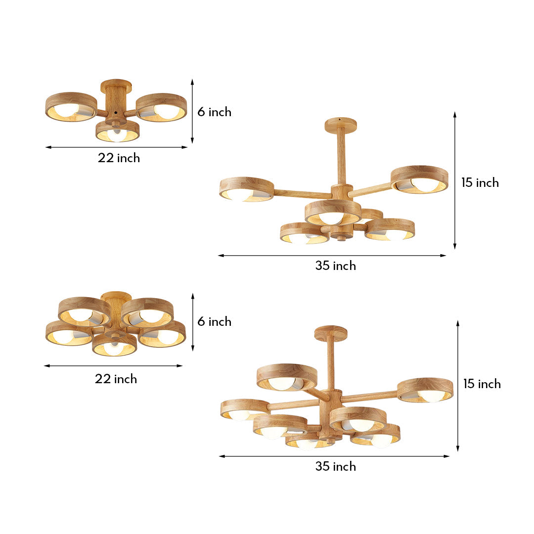 Rubberwood LED Chandelier — E27, Rotatable Shade, 3-Color Dimming, 3-Head / 5-Head / 6-Head / 8-Head