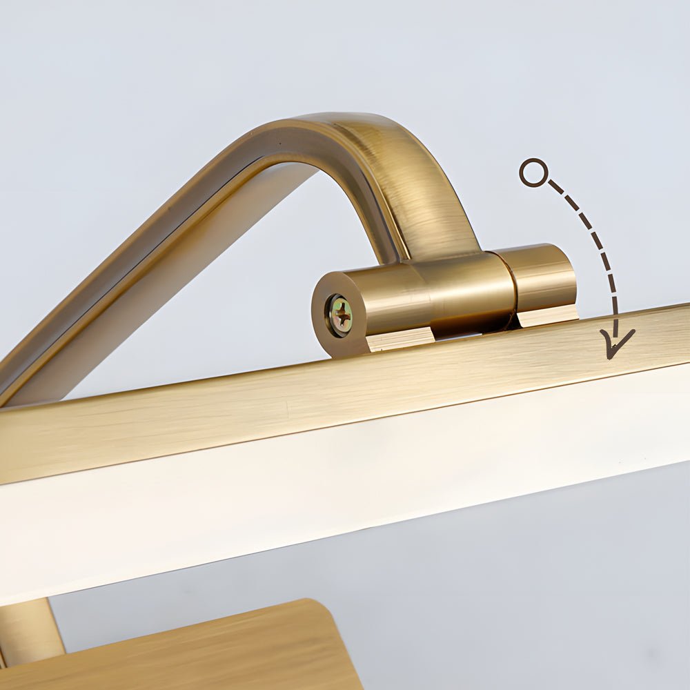 Linear Brass Bathroom Vanity Light Bar — Acrylic Shade, Curved Rod Arm, LED, Hardwired