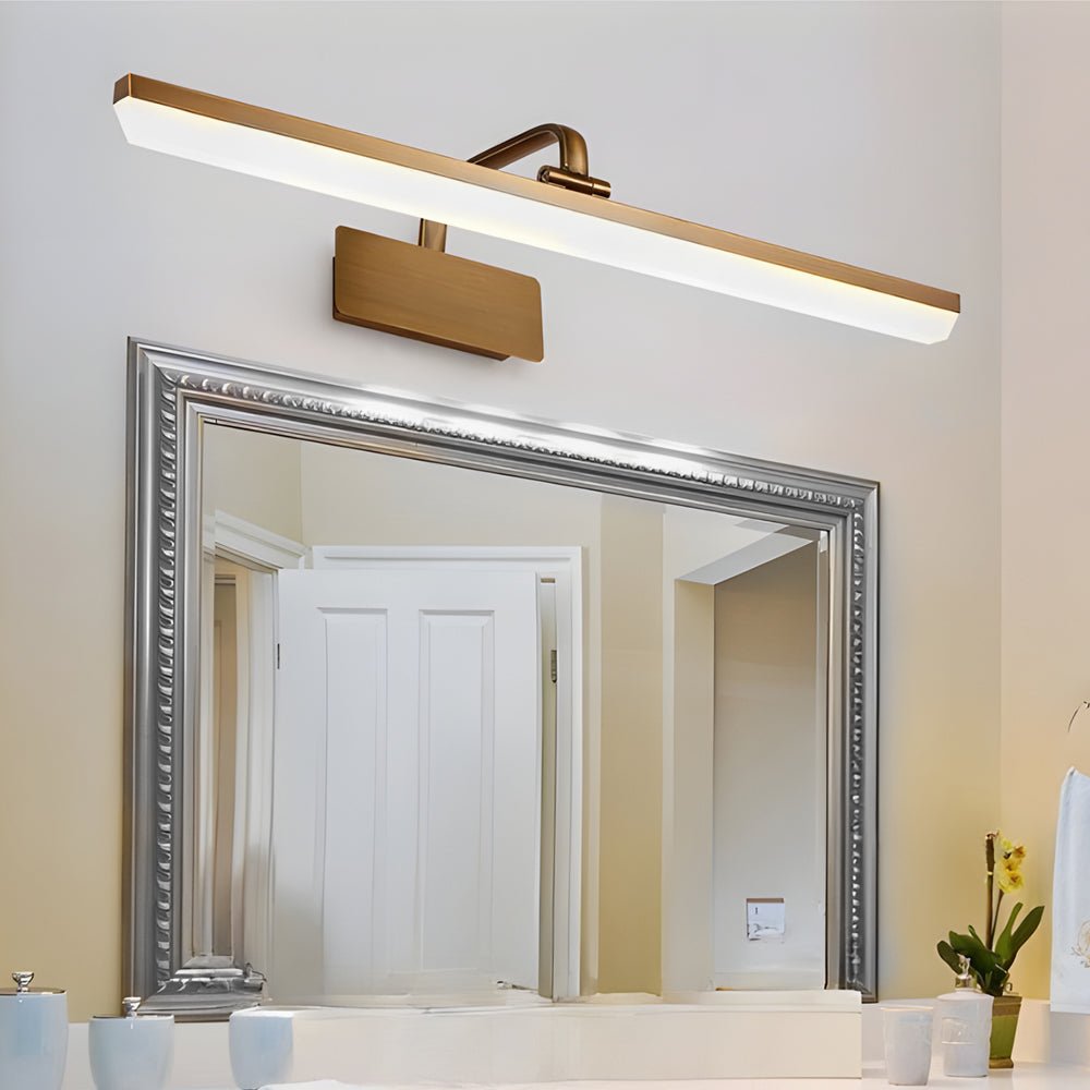 Linear Brass Bathroom Vanity Light Bar — Acrylic Shade, Curved Rod Arm, LED, Hardwired