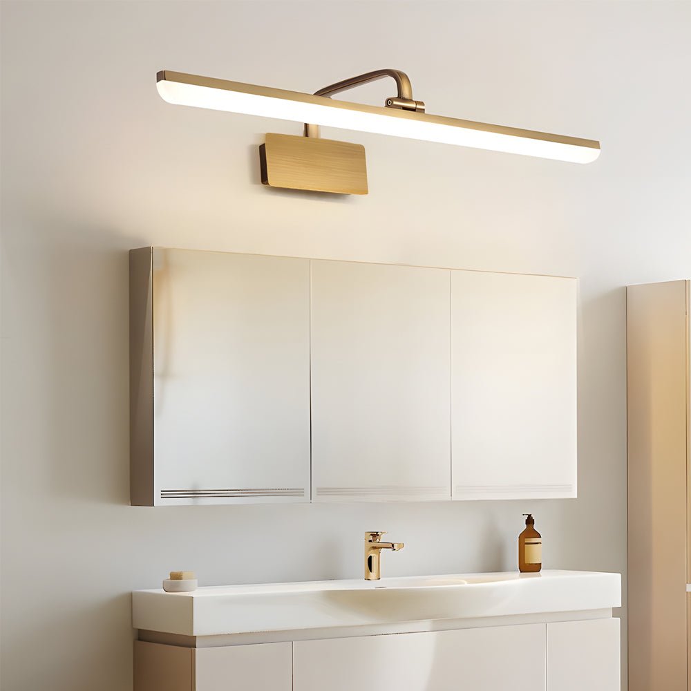 Linear Brass Bathroom Vanity Light Bar — Acrylic Shade, Curved Rod Arm, LED, Hardwired
