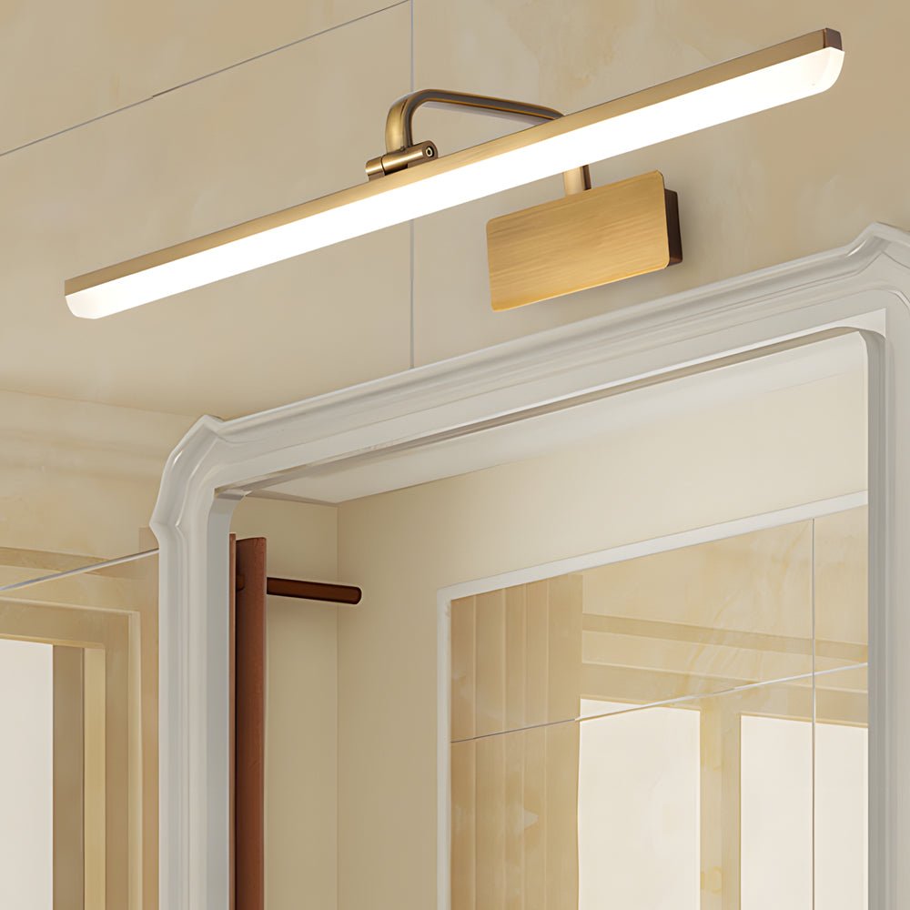 Linear Brass Bathroom Vanity Light Bar — Acrylic Shade, Curved Rod Arm, LED, Hardwired